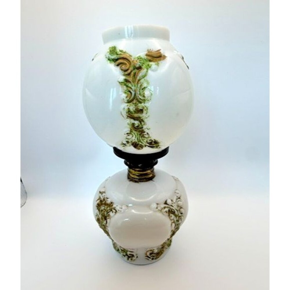 Antique Miniature Milk Glass Oil Lamp Green & Gold Embossed Swirls GWTW P&A Mfg